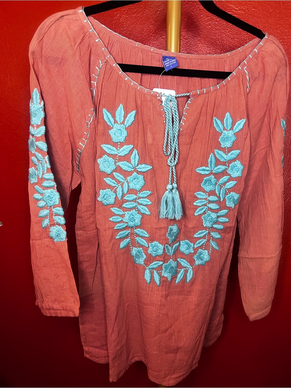 Raj Rust Orange Top with Turquoise Embroidery